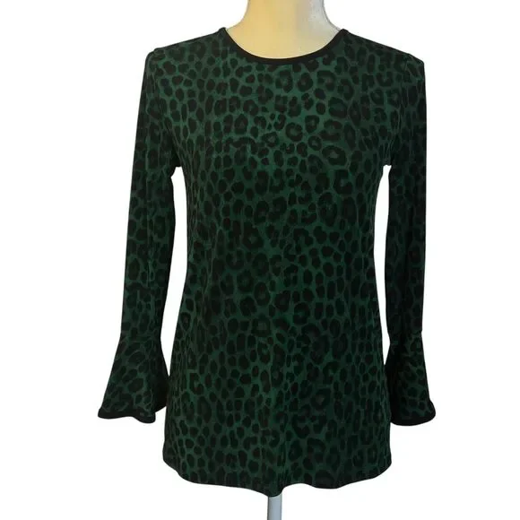 Michael Kors Women's Leopard Print Bell Sleeve Top Green Black Size XS Stretch - Picture 12 of 12